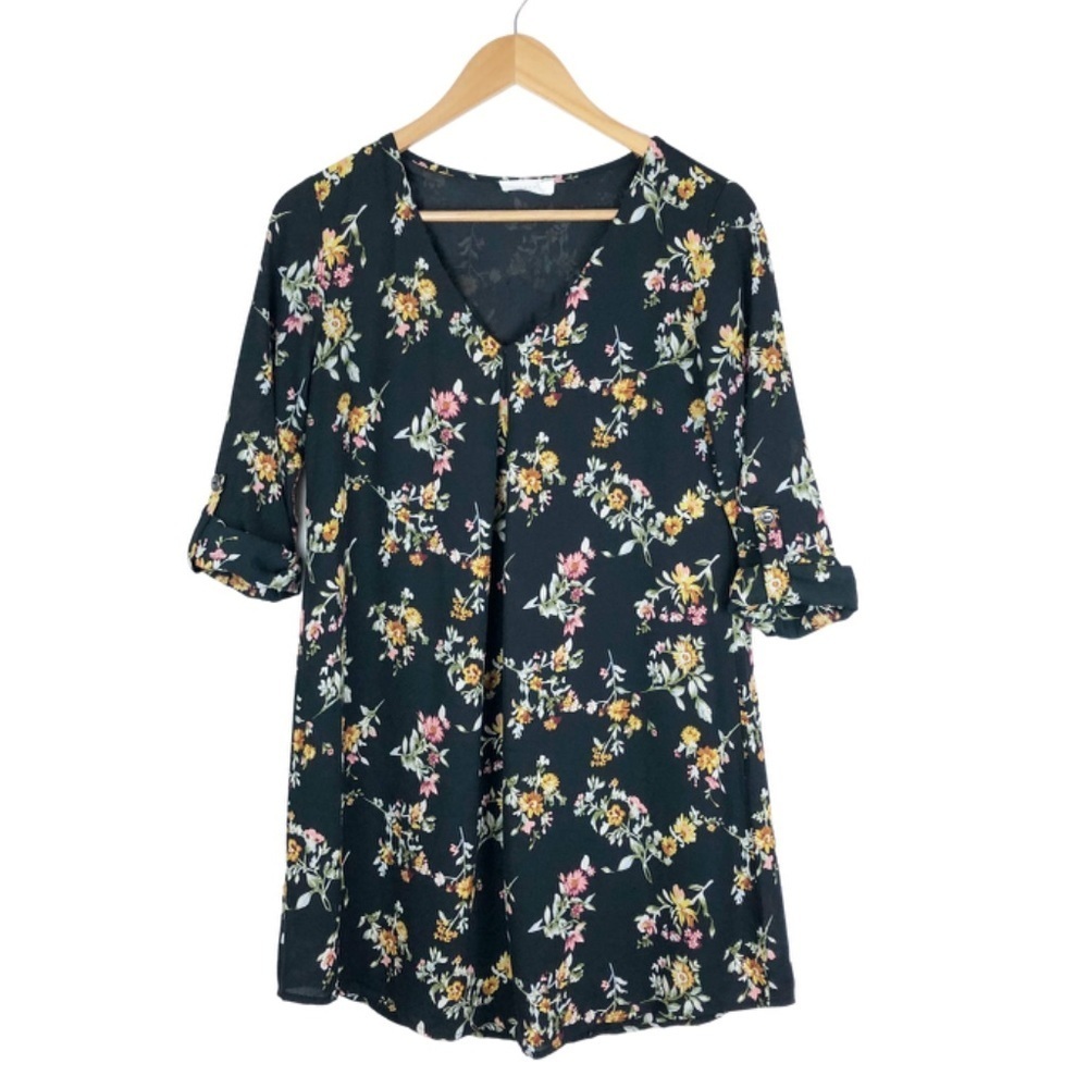 Lush Womens Black Floral Print V‎ Neck Roll Tab Sleeve Tunic Top